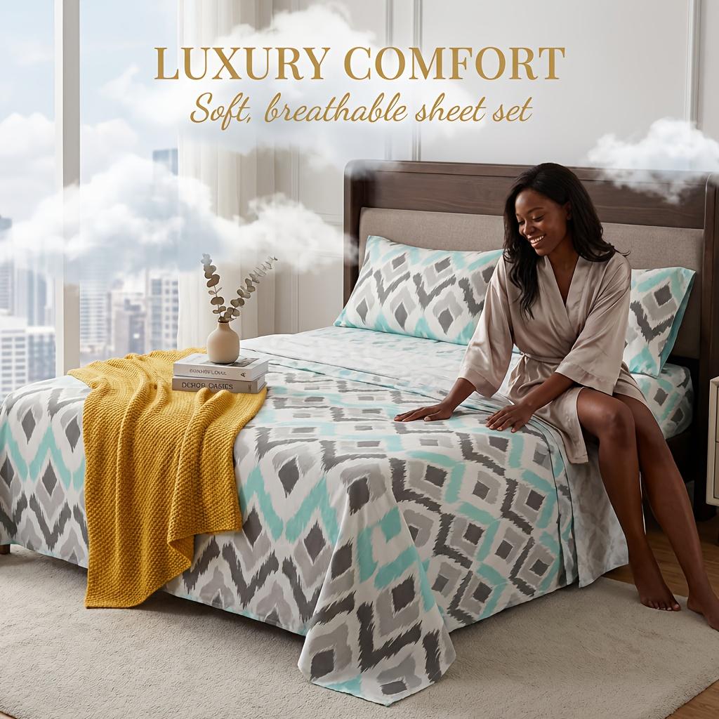 4pcs Minimalist Luxe Geo-Print Queen Bed Sheets Set, Geometric Print Double-Brushed Microfiber, Ultra-Soft Breathable & Wrinkle-Free, Machine-Washable All-Season Bedding, Sophisticated Elegant Decor for Modern Bedroom, Dorm & Holiday Gifts