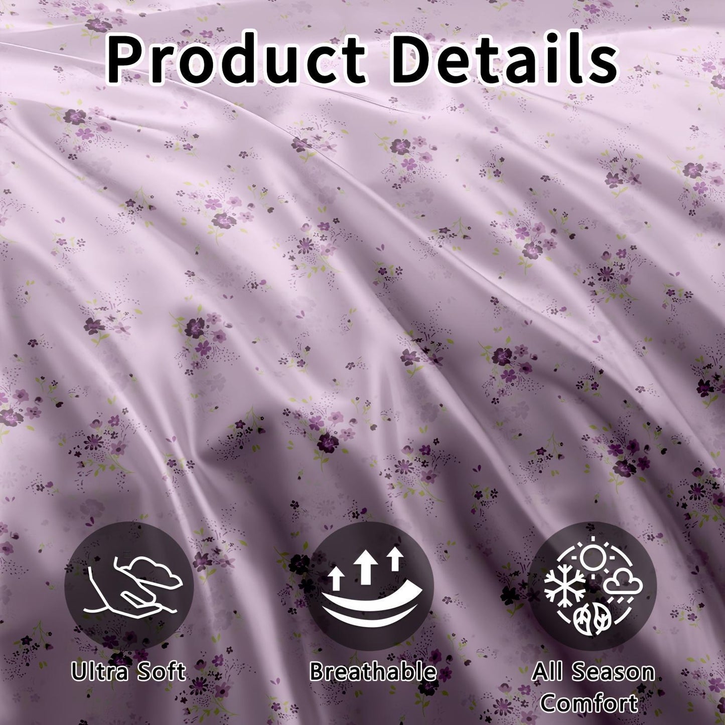 Purple Floral Fitted Sheet 3pcs Set | Cool Satin Mattress Cover, Suitable For Home And Hotel Use, 360° All-Around Coverage, Non-Slip, Easy-Care, Comfortable And Durable, All-Season, Includes 1 Fitted Sheet And 2 Pillowcases