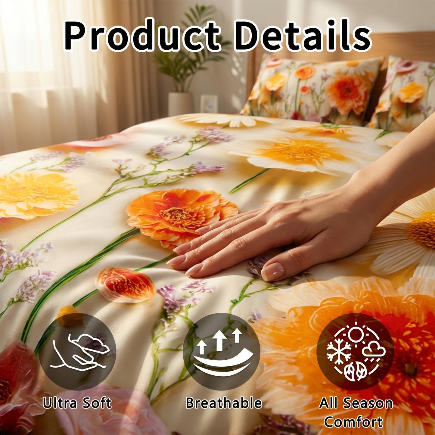 Oil Painting Daisy Print Bed Sheet Four-piece Set | Beautiful and Elegant, Easy-care Lightweight Deep Pocket Fitted Sheet + Sheet + 2 Pillowcases, Soft Brushed Microfiber, Breathable and Colorfast, Suitable for Bedrooms, Guest Rooms and Gifts