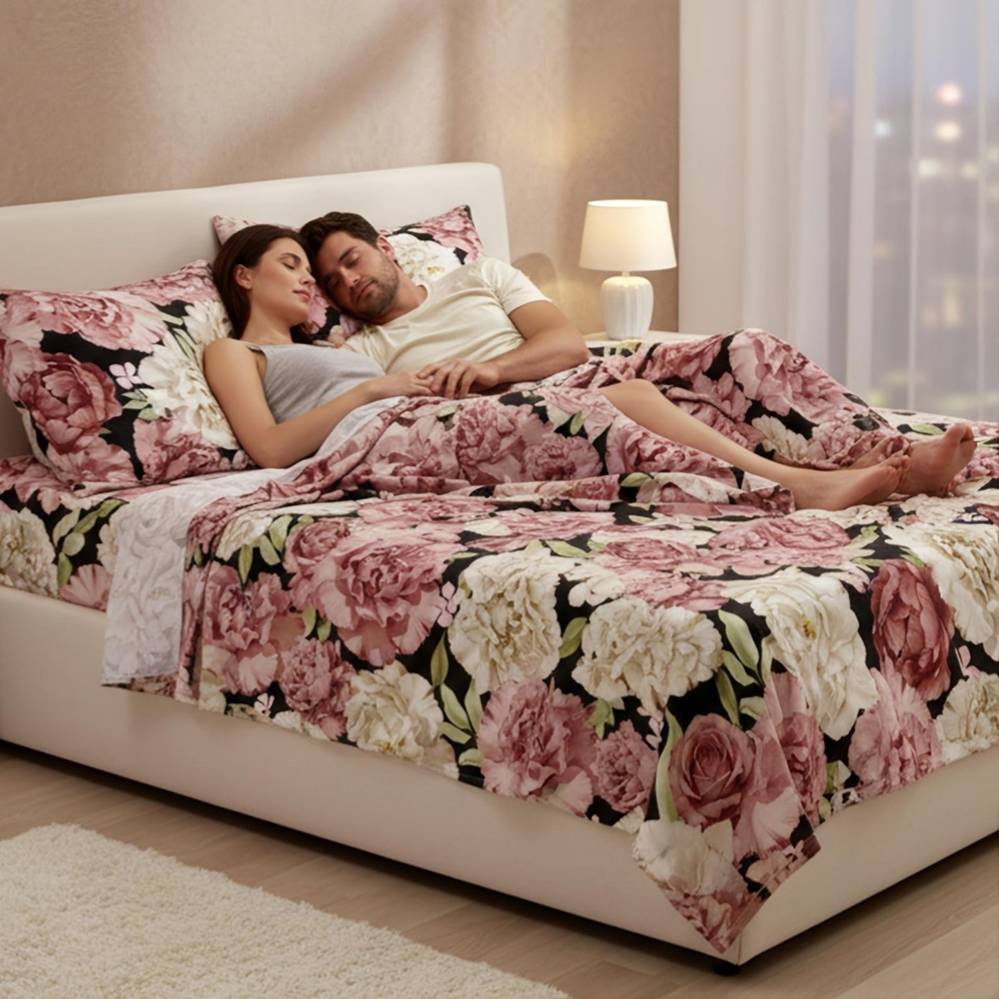Four-piece Peony-patterned Bed Sheet Set | Soft, Breathable, and Comfortable Microfiber Bedding with Deep-pocket Sheet, Stylish Bedspread, and Two Pillowcases | Ideal for Family Bedroom, Machine Washable