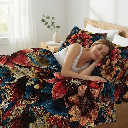 This 4pcs Feather And Floral Patterned Sheet Set Is Soft, Breathable, And Comfortable Against The Skin. The Set Includes A Deep-pocket Sheet, A Stylish Bedspread, And Two Pillowcases. Made From Colorfast Fabric, It's Ideal for A Family Bedroom.