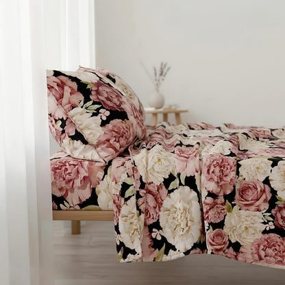 Four-piece Peony-patterned Bed Sheet Set | Soft, Breathable, and Comfortable Microfiber Bedding with Deep-pocket Sheet, Stylish Bedspread, and Two Pillowcases | Ideal for Family Bedroom, Machine Washable