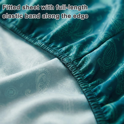 Paisley Fitted Sheet 3pcs Set - Cool Satin Mattress Covers Suitable for Home And Hotel Use. Offers 360° All-around Coverage, Non-slip And Easy-care, Comfortable And Durable, Suitable for All Seasons. Includes 1 Fitted Sheet And 2 Pillowcases. Gift