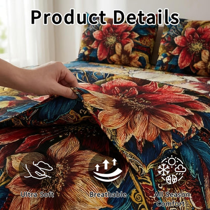 This 4pcs Feather And Floral Patterned Sheet Set Is Soft, Breathable, And Comfortable Against The Skin. The Set Includes A Deep-pocket Sheet, A Stylish Bedspread, And Two Pillowcases. Made From Colorfast Fabric, It's Ideal for A Family Bedroom.