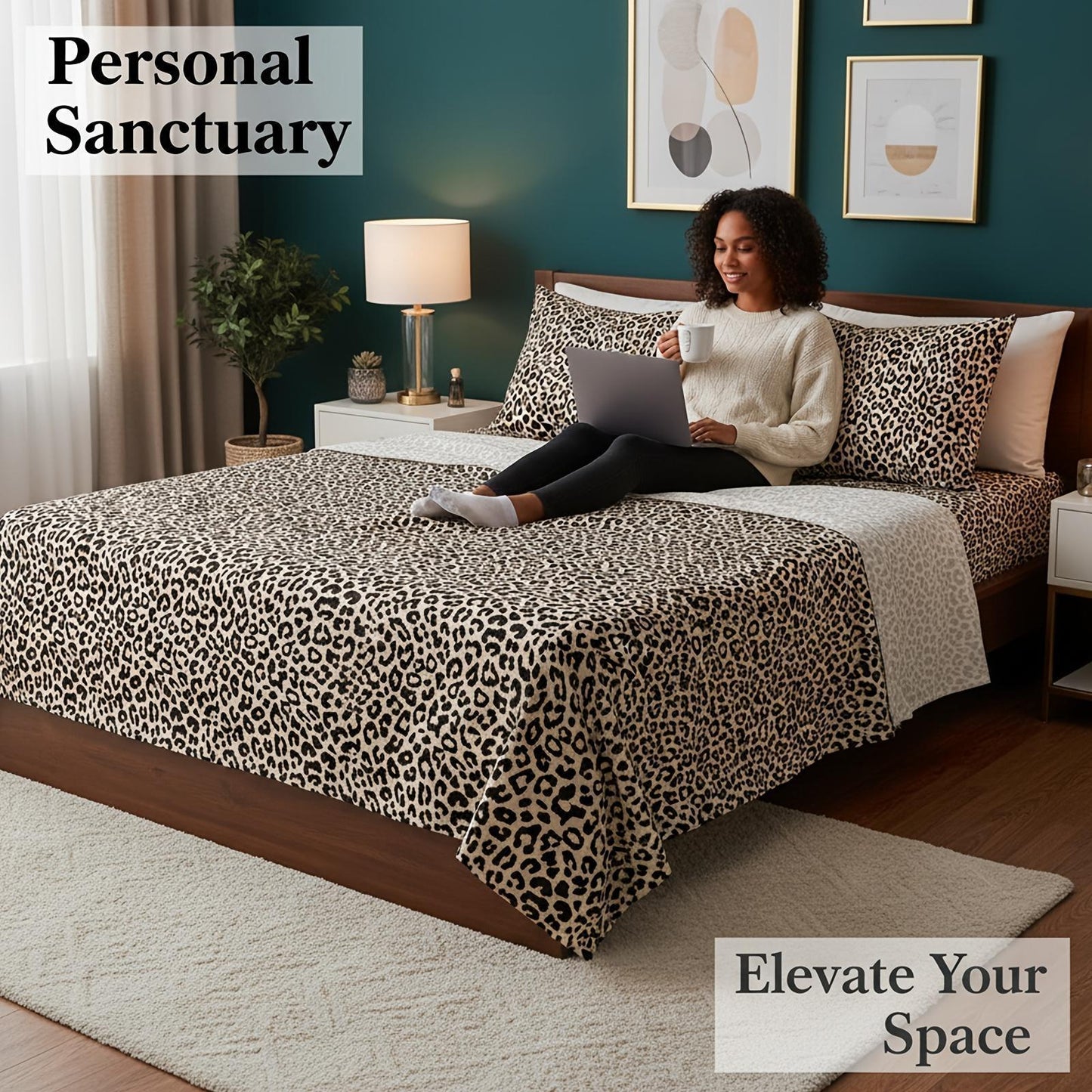 4pcs Leopard Print Queen Bed Sheets Set, Fitted Sheet with Deep Pocket + Flat Sheet + 2 Pillowcases, Taupe/Black Leopard Luxe Print, High-End & Luxe Look, Soft Brushed Microfiber, Breathable & Machine-Washable, All-Season, Guest Room & Holiday Gifts