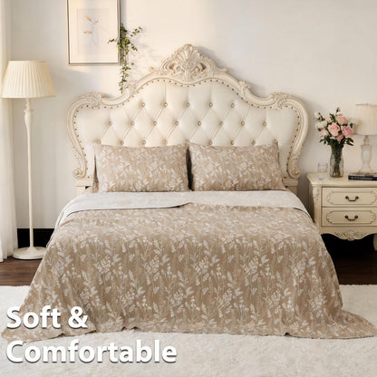 This 4pcs Floral Print Bed Sheet Set Is Soft, Breathable, And Gentle On The Skin. It Includes A Deep-pocket Sheet, A Stylish Bedspread, And Two Pillowcases. Made From A High-quality, Lightweight, All-season Fabric, It Is Durable, Colorfast