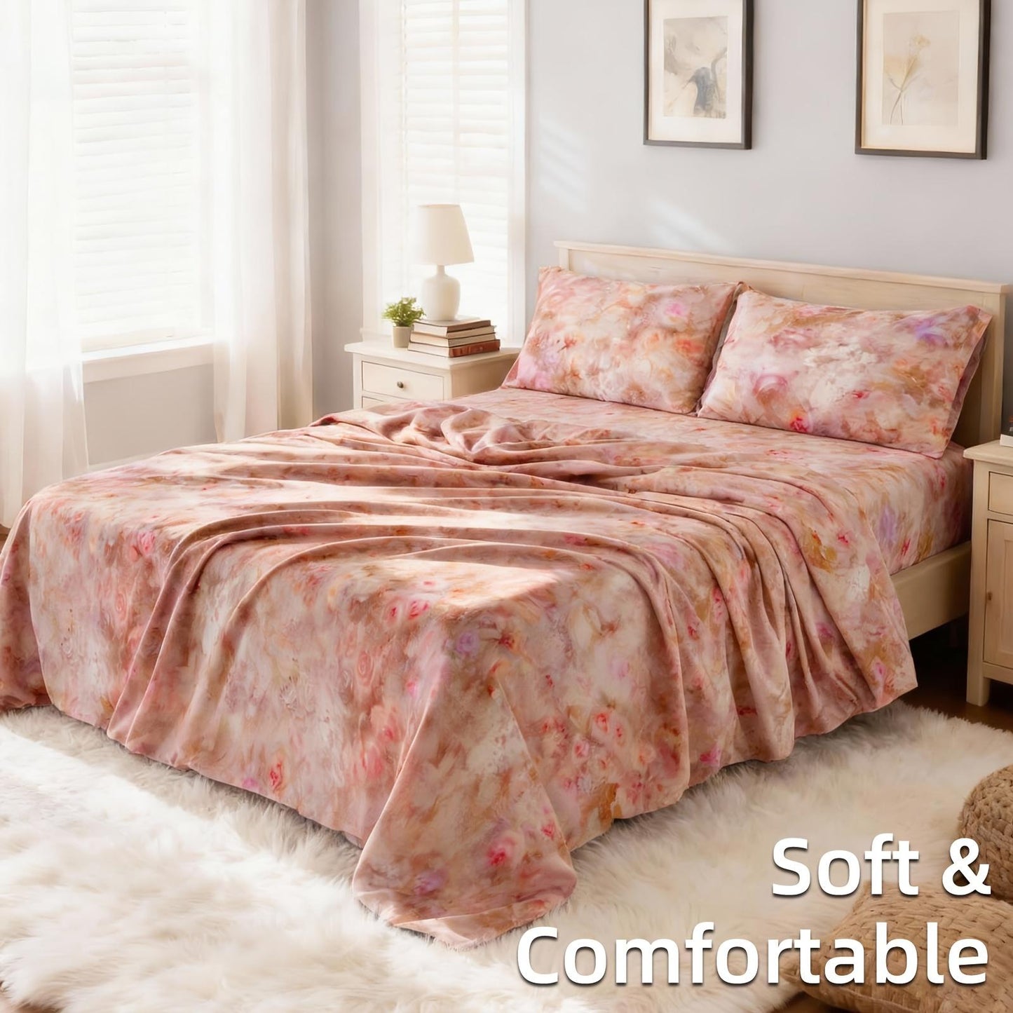This 4pcs Floral Print Bed Sheet Set Is Soft, Breathable, And Gentle On The Skin. It Includes A Deep-pocket Sheet, A Stylish Bedspread, And Two Pillowcases. Made From A High-quality, Lightweight, All-season Fabric, It Is Durable, Colorfast