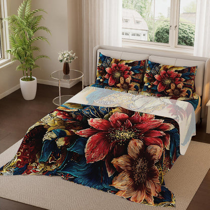 This 4pcs Feather And Floral Patterned Sheet Set Is Soft, Breathable, And Comfortable Against The Skin. The Set Includes A Deep-pocket Sheet, A Stylish Bedspread, And Two Pillowcases. Made From Colorfast Fabric, It's Ideal for A Family Bedroom.
