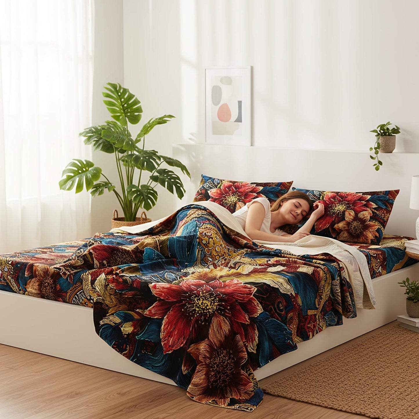This 4pcs Feather And Floral Patterned Sheet Set Is Soft, Breathable, And Comfortable Against The Skin. The Set Includes A Deep-pocket Sheet, A Stylish Bedspread, And Two Pillowcases. Made From Colorfast Fabric, It's Ideal for A Family Bedroom.
