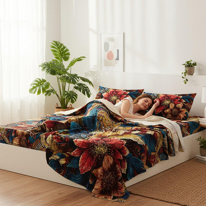 This 4pcs Feather And Floral Patterned Sheet Set Is Soft, Breathable, And Comfortable Against The Skin. The Set Includes A Deep-pocket Sheet, A Stylish Bedspread, And Two Pillowcases. Made From Colorfast Fabric, It's Ideal for A Family Bedroom.
