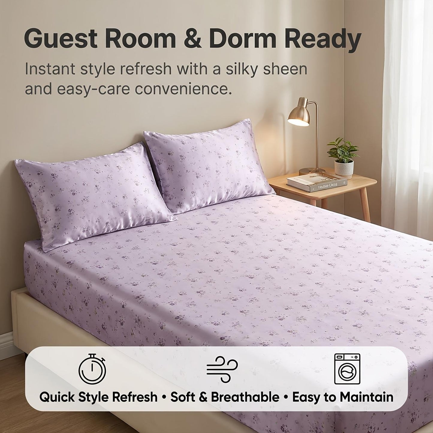 Purple Floral Fitted Sheet 3pcs Set | Cool Satin Mattress Cover, Suitable For Home And Hotel Use, 360° All-Around Coverage, Non-Slip, Easy-Care, Comfortable And Durable, All-Season, Includes 1 Fitted Sheet And 2 Pillowcases
