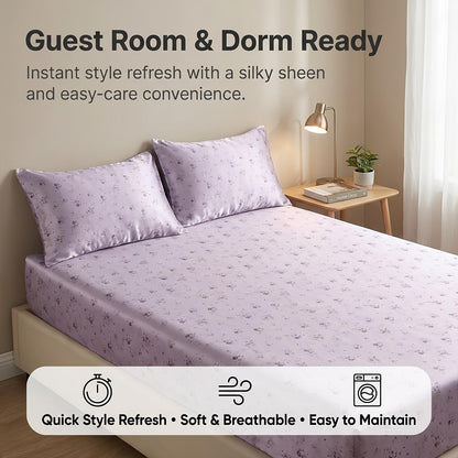 Purple Floral Fitted Sheet 3pcs Set | Cool Satin Mattress Cover, Suitable For Home And Hotel Use, 360° All-Around Coverage, Non-Slip, Easy-Care, Comfortable And Durable, All-Season, Includes 1 Fitted Sheet And 2 Pillowcases