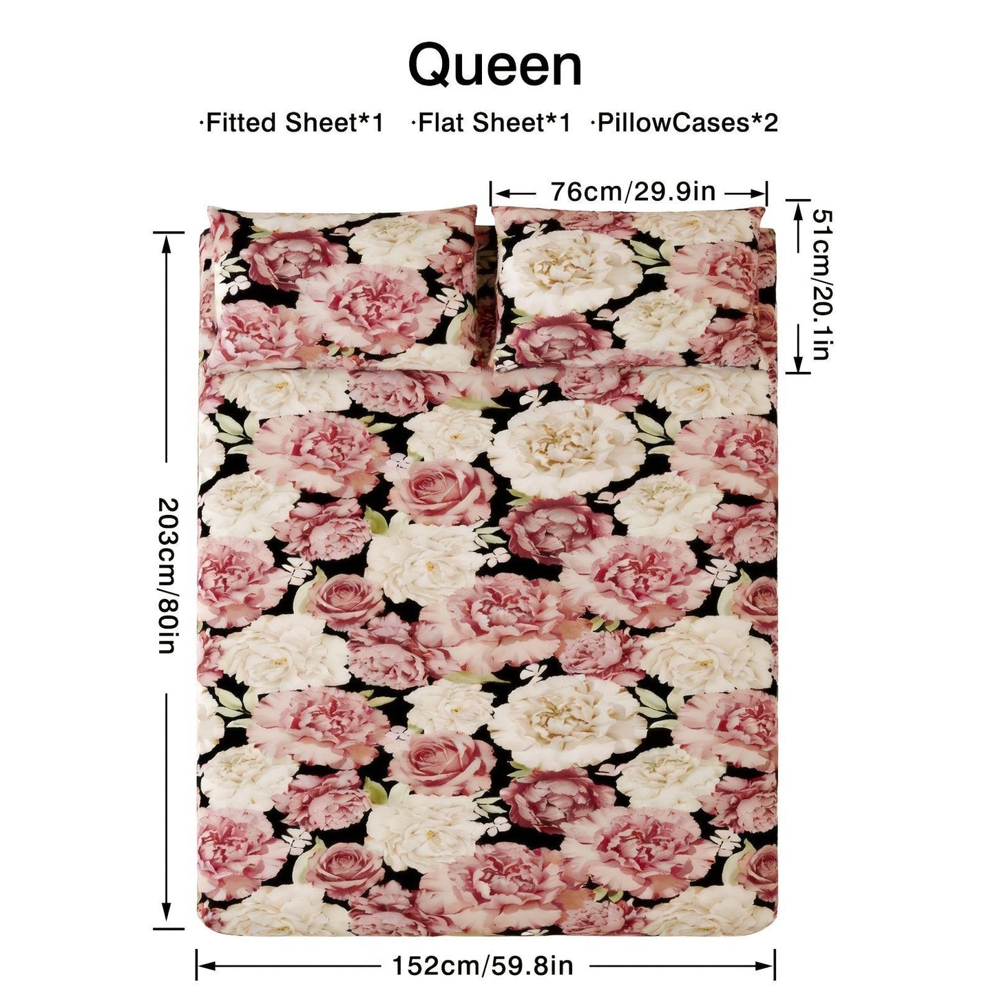 Four-piece Peony-patterned Bed Sheet Set | Soft, Breathable, and Comfortable Microfiber Bedding with Deep-pocket Sheet, Stylish Bedspread, and Two Pillowcases | Ideal for Family Bedroom, Machine Washable