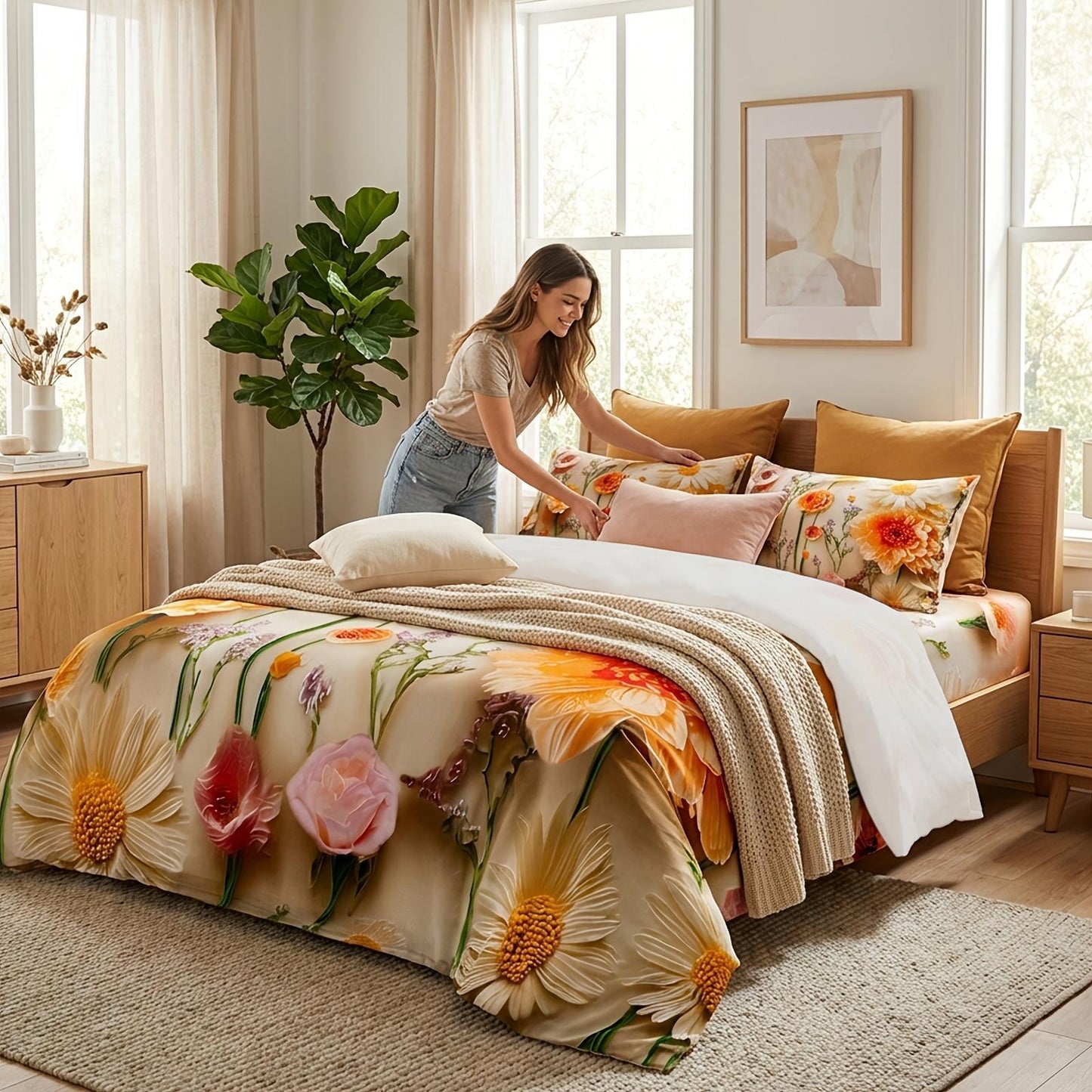 Oil Painting Daisy Print Bed Sheet Four-piece Set | Beautiful and Elegant, Easy-care Lightweight Deep Pocket Fitted Sheet + Sheet + 2 Pillowcases, Soft Brushed Microfiber, Breathable and Colorfast, Suitable for Bedrooms, Guest Rooms and Gifts