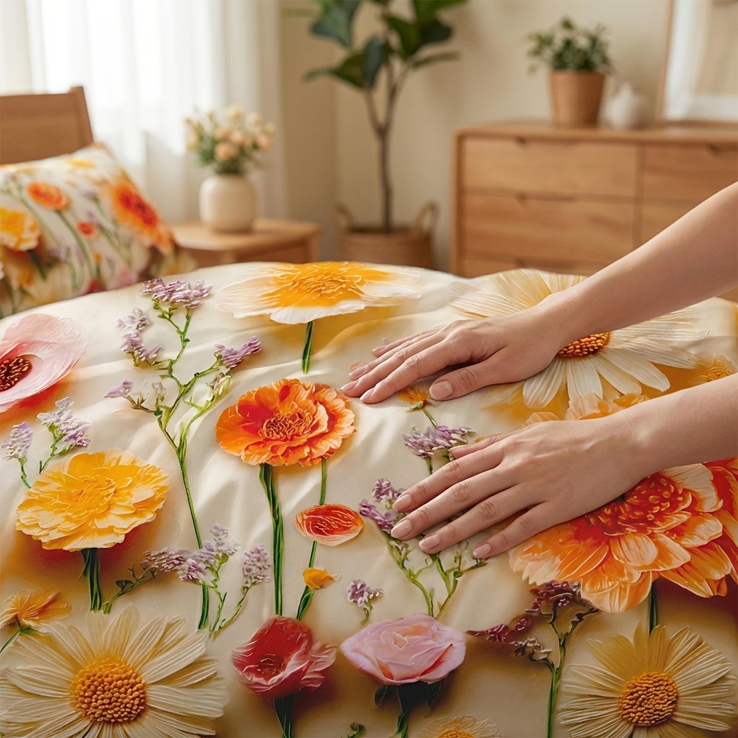 Oil Painting Daisy Print Bed Sheet Four-piece Set | Beautiful and Elegant, Easy-care Lightweight Deep Pocket Fitted Sheet + Sheet + 2 Pillowcases, Soft Brushed Microfiber, Breathable and Colorfast, Suitable for Bedrooms, Guest Rooms and Gifts