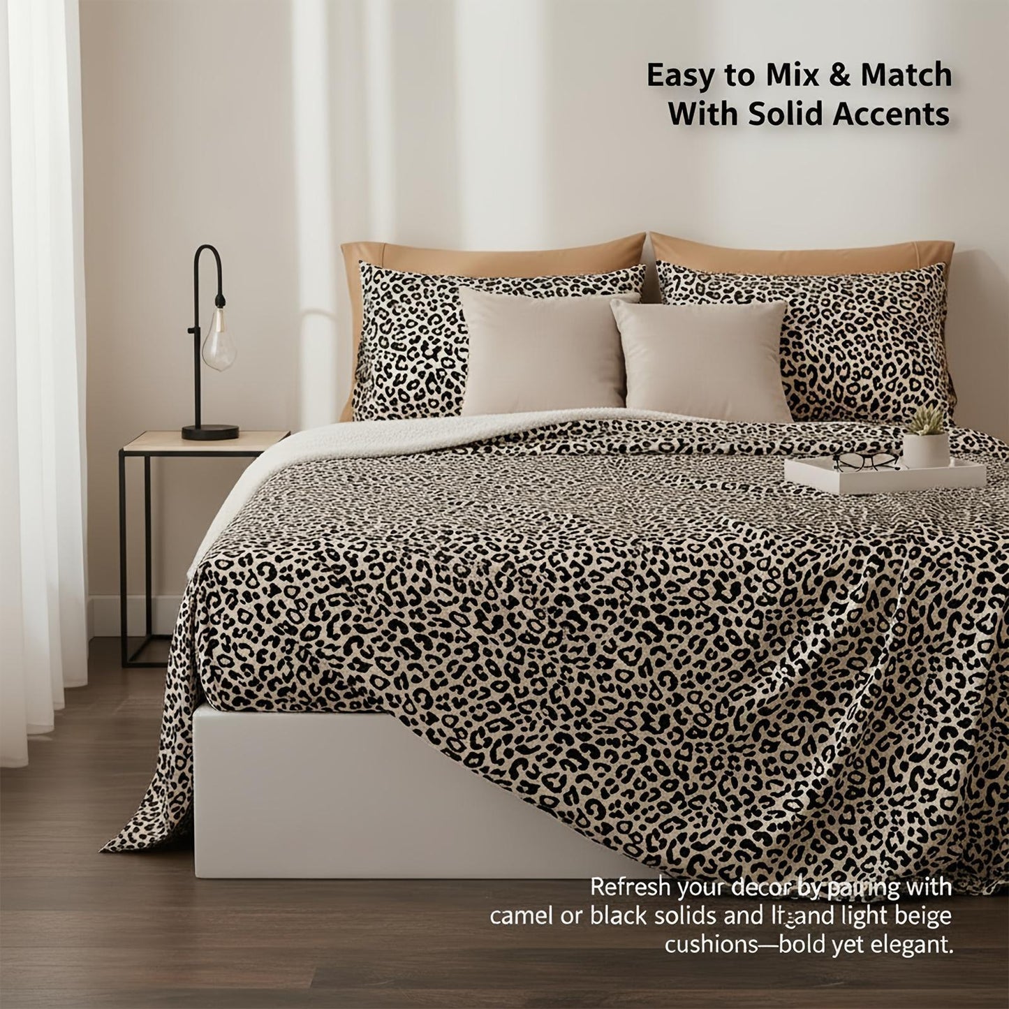 4pcs Leopard Print Queen Bed Sheets Set, Fitted Sheet with Deep Pocket + Flat Sheet + 2 Pillowcases, Taupe/Black Leopard Luxe Print, High-End & Luxe Look, Soft Brushed Microfiber, Breathable & Machine-Washable, All-Season, Guest Room & Holiday Gifts