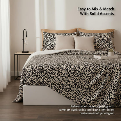 4pcs Leopard Print Queen Bed Sheets Set, Fitted Sheet with Deep Pocket + Flat Sheet + 2 Pillowcases, Taupe/Black Leopard Luxe Print, High-End & Luxe Look, Soft Brushed Microfiber, Breathable & Machine-Washable, All-Season, Guest Room & Holiday Gifts