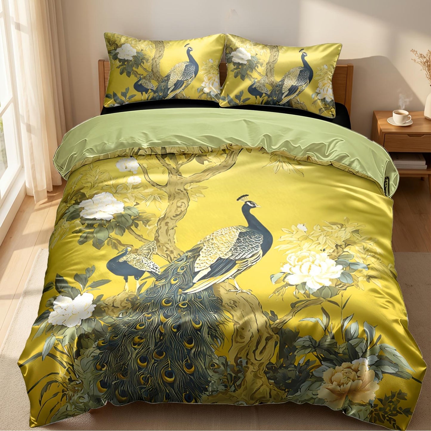 This Peacock-print 3pcs Rayon Satin Bedding Is Simple And Elegant, Machine Washable, And Suitable for All Seasons. This Y Soft 4pcs Bedding Is Perfect for The Family Bedroom And Also Makes An Ideal Gift for Friends And Family