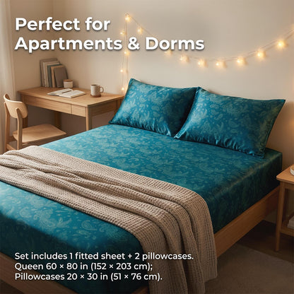Paisley Fitted Sheet 3pcs Set - Cool Satin Mattress Covers Suitable for Home And Hotel Use. Offers 360° All-around Coverage, Non-slip And Easy-care, Comfortable And Durable, Suitable for All Seasons. Includes 1 Fitted Sheet And 2 Pillowcases. Gift