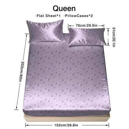 Purple Floral Fitted Sheet 3pcs Set | Cool Satin Mattress Cover, Suitable For Home And Hotel Use, 360° All-Around Coverage, Non-Slip, Easy-Care, Comfortable And Durable, All-Season, Includes 1 Fitted Sheet And 2 Pillowcases
