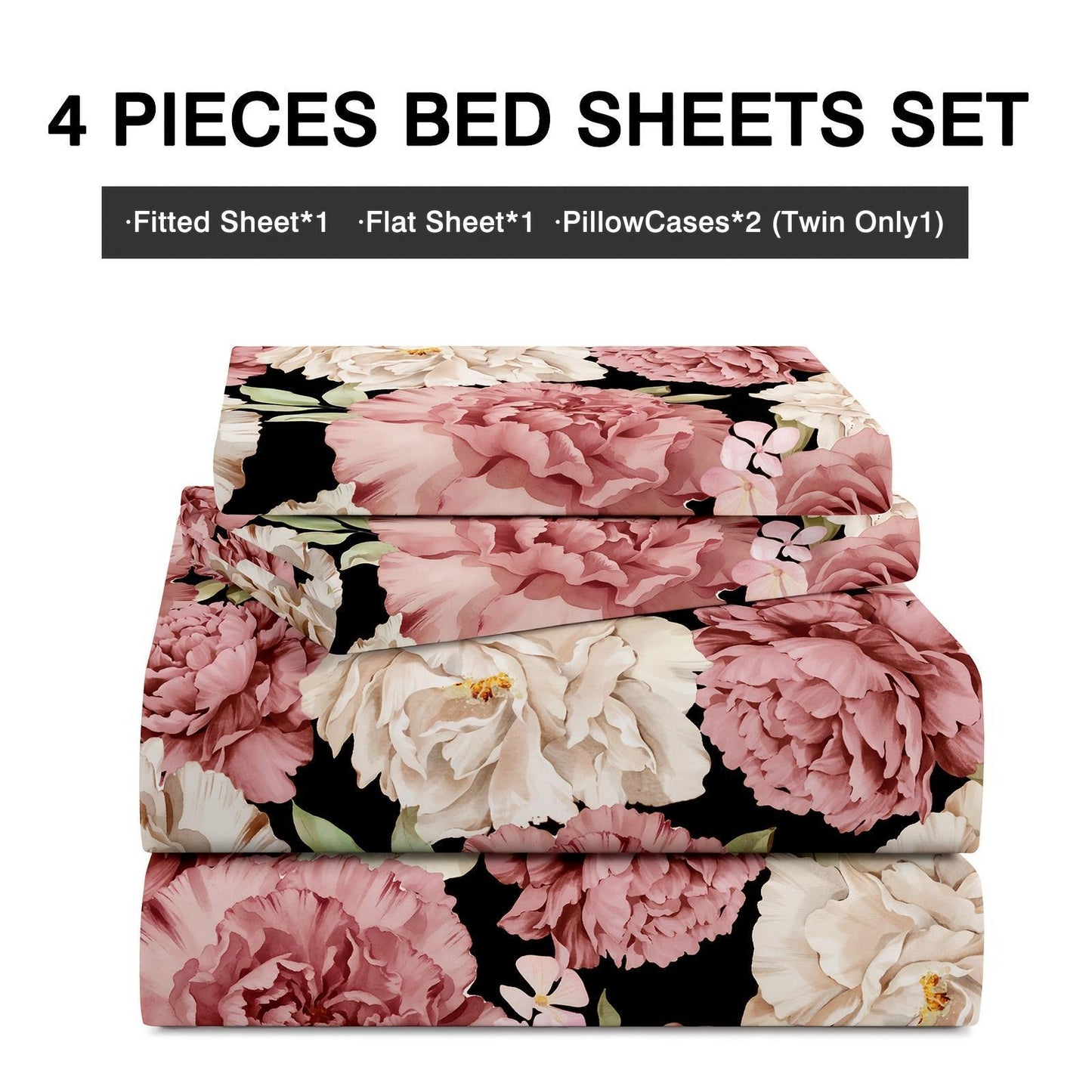 Four-piece Peony-patterned Bed Sheet Set | Soft, Breathable, and Comfortable Microfiber Bedding with Deep-pocket Sheet, Stylish Bedspread, and Two Pillowcases | Ideal for Family Bedroom, Machine Washable