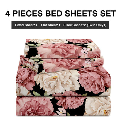 Four-piece Peony-patterned Bed Sheet Set | Soft, Breathable, and Comfortable Microfiber Bedding with Deep-pocket Sheet, Stylish Bedspread, and Two Pillowcases | Ideal for Family Bedroom, Machine Washable