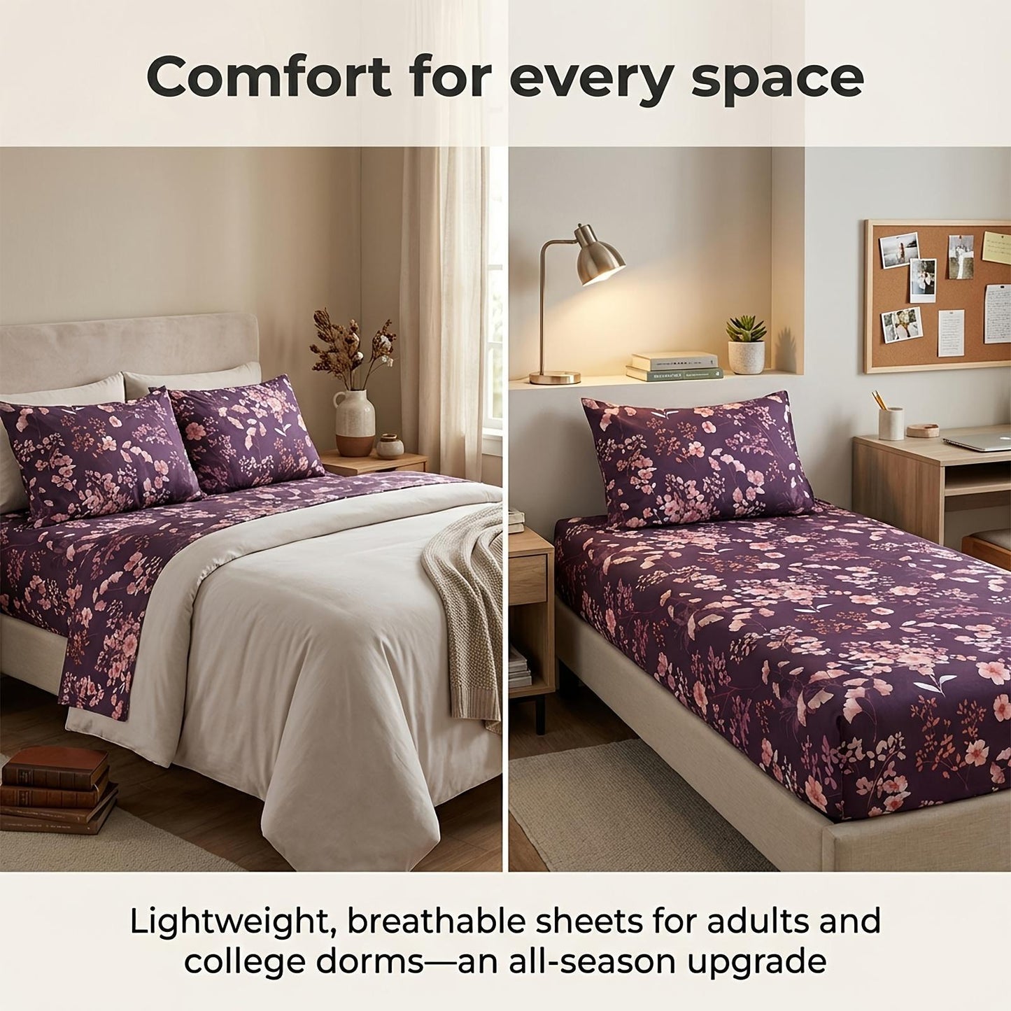 This 4pcs Purple Floral Patterned Sheet Set Is Soft, Breathable, And Comfortable Against The Skin. The Set Includes A Deep-pocket Sheet, A Stylish Bedspread, And Two Pillowcases. Made From Durable And Colorfast Fabric, It Makes A Wonderful Gift