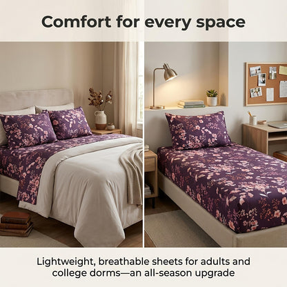 This 4pcs Purple Floral Patterned Sheet Set Is Soft, Breathable, And Comfortable Against The Skin. The Set Includes A Deep-pocket Sheet, A Stylish Bedspread, And Two Pillowcases. Made From Durable And Colorfast Fabric, It Makes A Wonderful Gift
