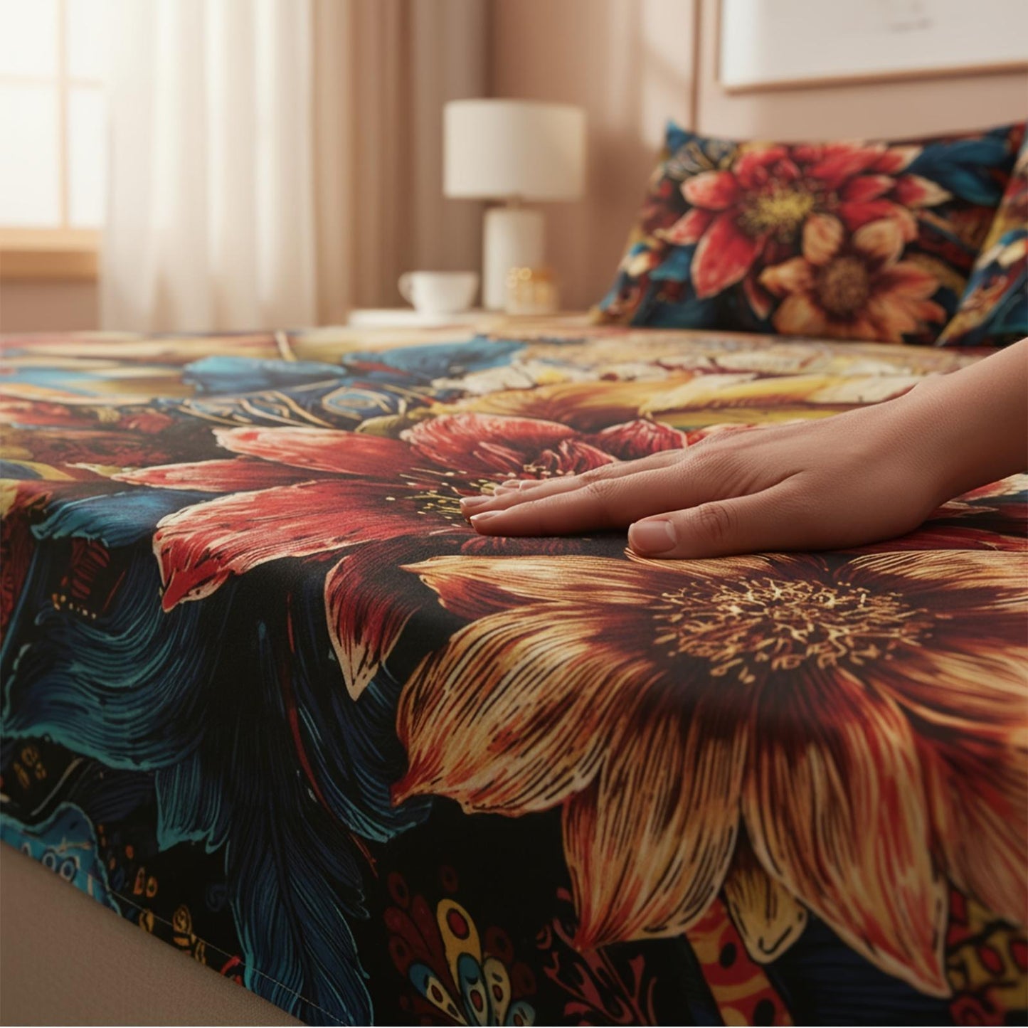 This 4pcs Feather And Floral Patterned Sheet Set Is Soft, Breathable, And Comfortable Against The Skin. The Set Includes A Deep-pocket Sheet, A Stylish Bedspread, And Two Pillowcases. Made From Colorfast Fabric, It's Ideal for A Family Bedroom.