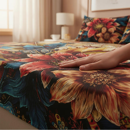 This 4pcs Feather And Floral Patterned Sheet Set Is Soft, Breathable, And Comfortable Against The Skin. The Set Includes A Deep-pocket Sheet, A Stylish Bedspread, And Two Pillowcases. Made From Colorfast Fabric, It's Ideal for A Family Bedroom.