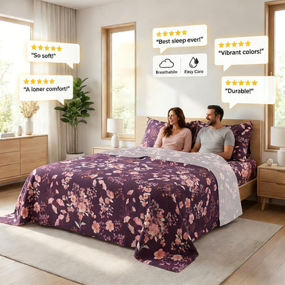 This 4pcs Purple Floral Patterned Sheet Set Is Soft, Breathable, And Comfortable Against The Skin. The Set Includes A Deep-pocket Sheet, A Stylish Bedspread, And Two Pillowcases. Made From Durable And Colorfast Fabric, It Makes A Wonderful Gift