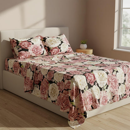 Four-piece Peony-patterned Bed Sheet Set | Soft, Breathable, and Comfortable Microfiber Bedding with Deep-pocket Sheet, Stylish Bedspread, and Two Pillowcases | Ideal for Family Bedroom, Machine Washable