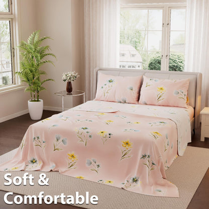 This 4pcs Floral Print Bed Sheet Set Is Soft, Breathable, And Gentle On The Skin. It Includes A Deep-pocket Sheet, A Stylish Bedspread, And Two Pillowcases. Made From A High-quality, Lightweight, All-season Fabric, It Is Durable, Colorfast