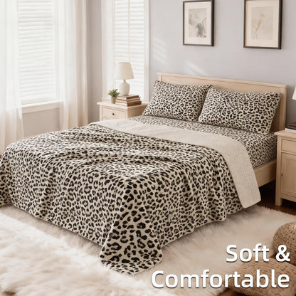 4pcs Leopard Print Queen Bed Sheets Set, Fitted Sheet with Deep Pocket + Flat Sheet + 2 Pillowcases, Taupe/Black Leopard Luxe Print, High-End & Luxe Look, Soft Brushed Microfiber, Breathable & Machine-Washable, All-Season, Guest Room & Holiday Gifts