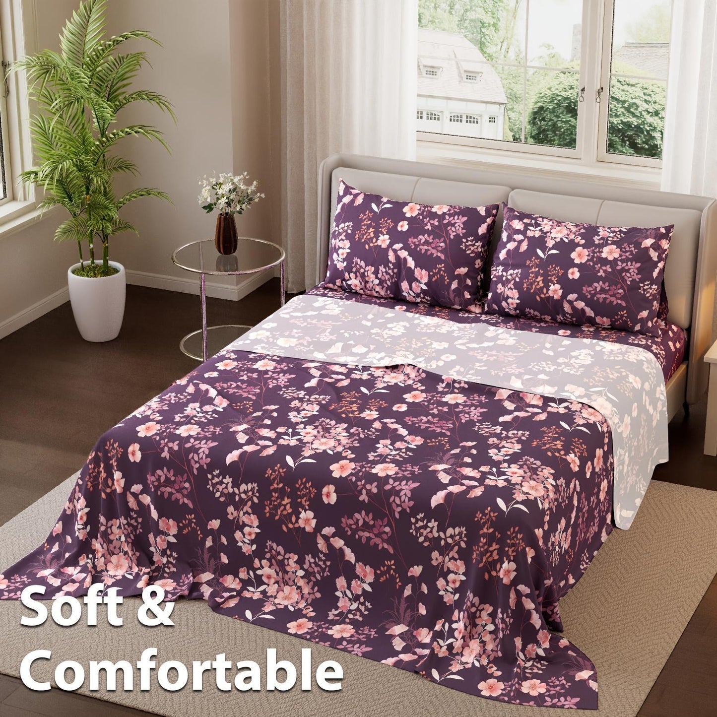 This 4pcs Purple Floral Patterned Sheet Set Is Soft, Breathable, And Comfortable Against The Skin. The Set Includes A Deep-pocket Sheet, A Stylish Bedspread, And Two Pillowcases. Made From Durable And Colorfast Fabric, It Makes A Wonderful Gift