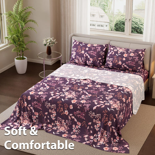This 4pcs Purple Floral Patterned Sheet Set Is Soft, Breathable, And Comfortable Against The Skin. The Set Includes A Deep-pocket Sheet, A Stylish Bedspread, And Two Pillowcases. Made From Durable And Colorfast Fabric, It Makes A Wonderful Gift