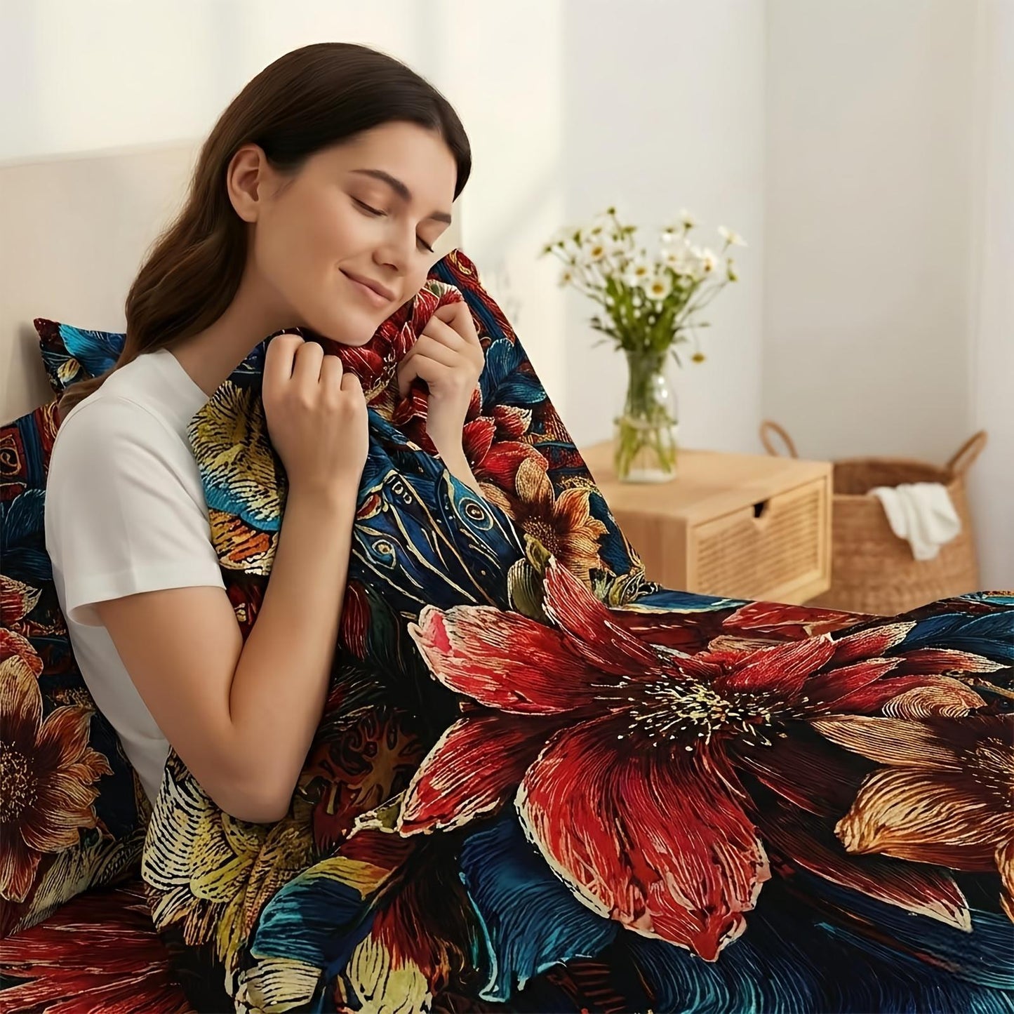 This 4pcs Feather And Floral Patterned Sheet Set Is Soft, Breathable, And Comfortable Against The Skin. The Set Includes A Deep-pocket Sheet, A Stylish Bedspread, And Two Pillowcases. Made From Colorfast Fabric, It's Ideal for A Family Bedroom.