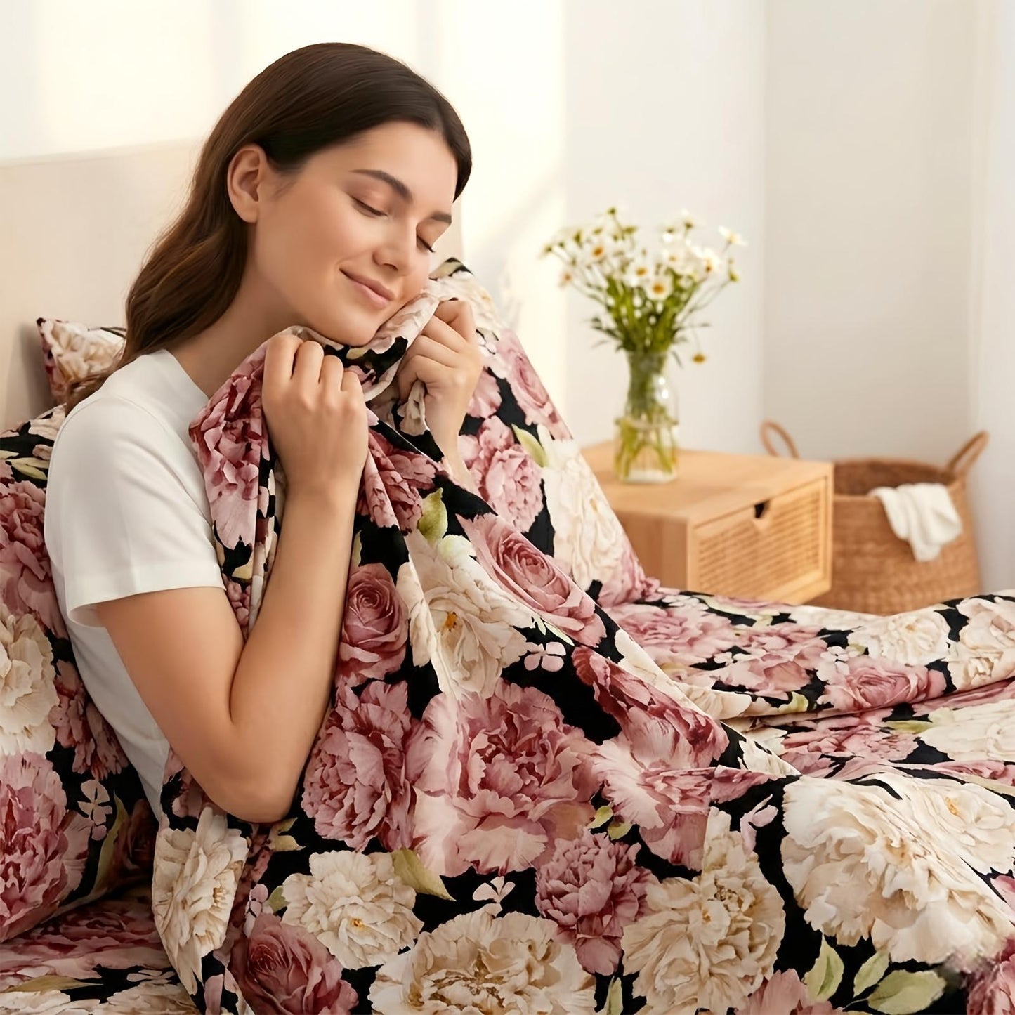 Four-piece Peony-patterned Bed Sheet Set | Soft, Breathable, and Comfortable Microfiber Bedding with Deep-pocket Sheet, Stylish Bedspread, and Two Pillowcases | Ideal for Family Bedroom, Machine Washable