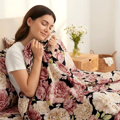 Four-piece Peony-patterned Bed Sheet Set | Soft, Breathable, and Comfortable Microfiber Bedding with Deep-pocket Sheet, Stylish Bedspread, and Two Pillowcases | Ideal for Family Bedroom, Machine Washable