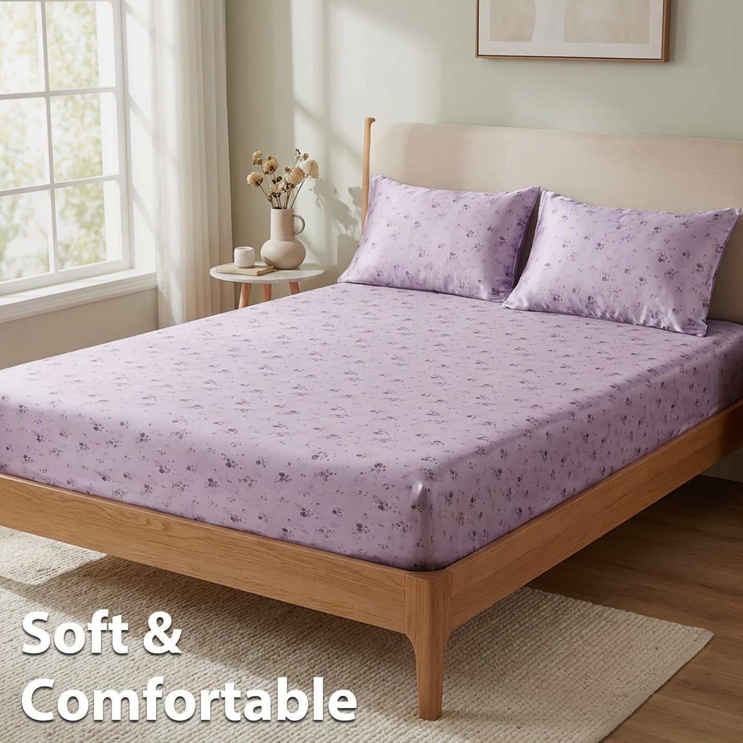 Purple Floral Fitted Sheet 3pcs Set | Cool Satin Mattress Cover, Suitable For Home And Hotel Use, 360° All-Around Coverage, Non-Slip, Easy-Care, Comfortable And Durable, All-Season, Includes 1 Fitted Sheet And 2 Pillowcases