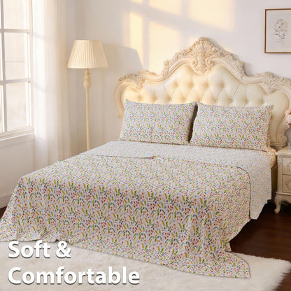 This 4pcs Floral Print Bed Sheet Set Is Soft, Breathable, And Gentle On The Skin. It Includes A Deep-pocket Sheet, A Stylish Bedspread, And Two Pillowcases. Made From A High-quality, Lightweight, All-season Fabric, It Is Durable, Colorfast