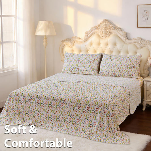 This 4pcs Floral Print Bed Sheet Set Is Soft, Breathable, And Gentle On The Skin. It Includes A Deep-pocket Sheet, A Stylish Bedspread, And Two Pillowcases. Made From A High-quality, Lightweight, All-season Fabric, It Is Durable, Colorfast