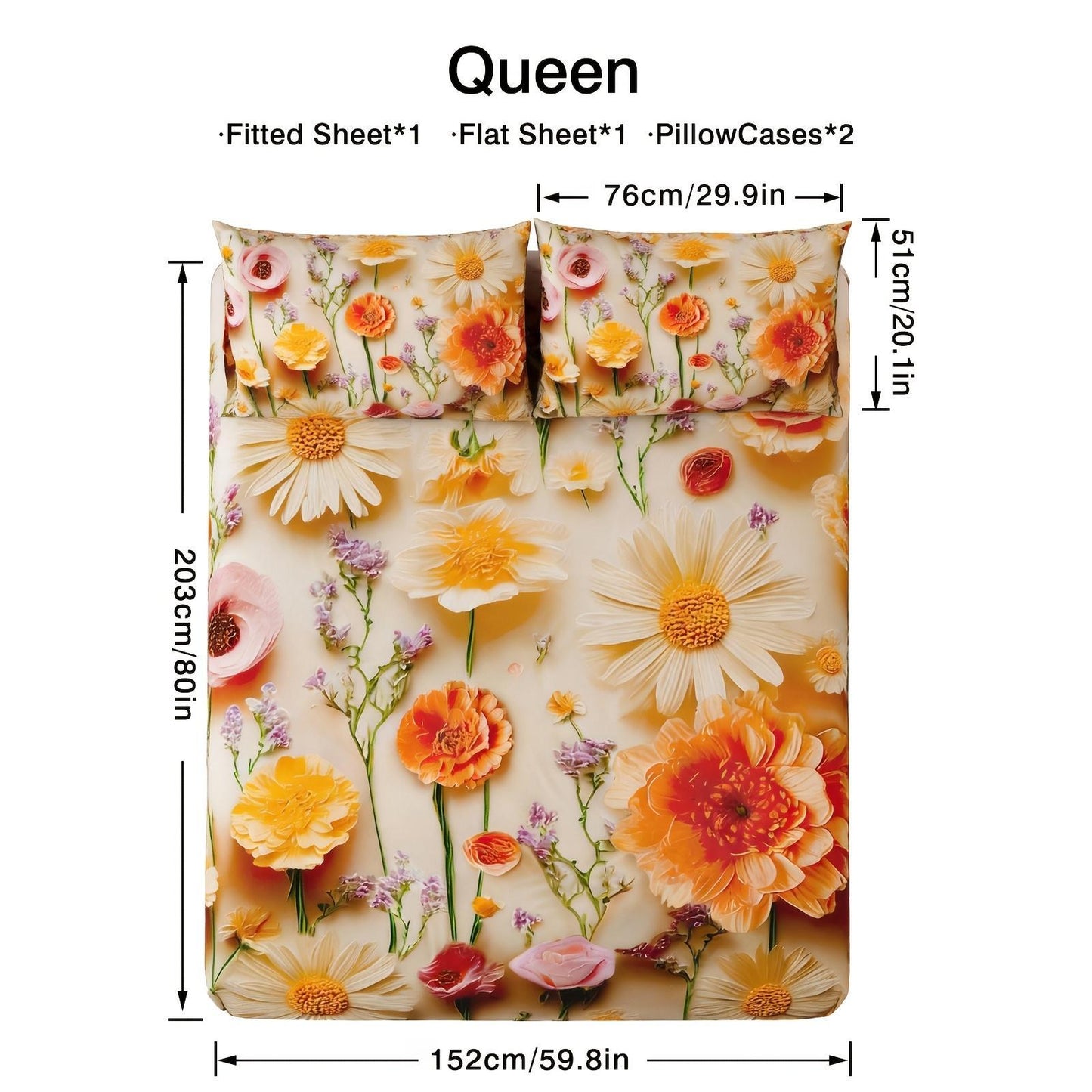 Oil Painting Daisy Print Bed Sheet Four-piece Set | Beautiful and Elegant, Easy-care Lightweight Deep Pocket Fitted Sheet + Sheet + 2 Pillowcases, Soft Brushed Microfiber, Breathable and Colorfast, Suitable for Bedrooms, Guest Rooms and Gifts