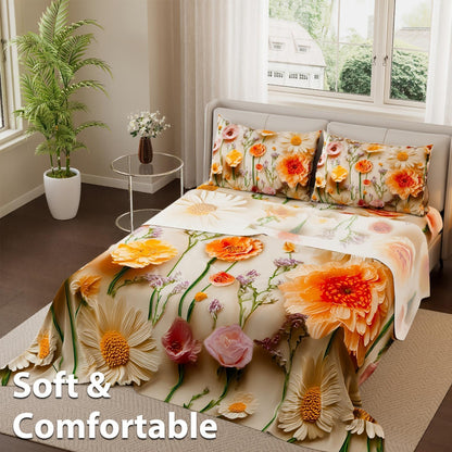 Oil Painting Daisy Print Bed Sheet Four-piece Set | Beautiful and Elegant, Easy-care Lightweight Deep Pocket Fitted Sheet + Sheet + 2 Pillowcases, Soft Brushed Microfiber, Breathable and Colorfast, Suitable for Bedrooms, Guest Rooms and Gifts