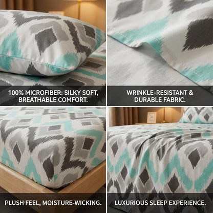 4pcs Minimalist Luxe Geo-Print Queen Bed Sheets Set, Geometric Print Double-Brushed Microfiber, Ultra-Soft Breathable & Wrinkle-Free, Machine-Washable All-Season Bedding, Sophisticated Elegant Decor for Modern Bedroom, Dorm & Holiday Gifts