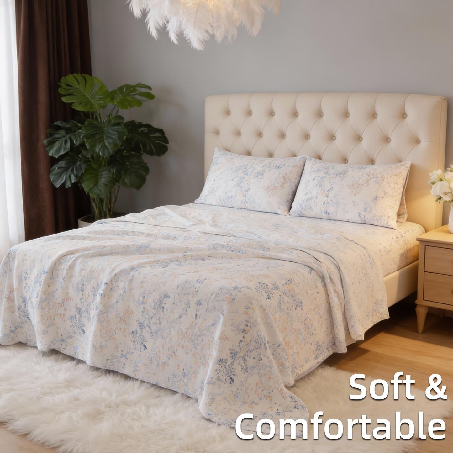 This 4pcs Floral Print Bed Sheet Set Is Soft, Breathable, And Gentle On The Skin. It Includes A Deep-pocket Sheet, A Stylish Bedspread, And Two Pillowcases. Made From A High-quality, Lightweight, All-season Fabric, It Is Durable, Colorfast