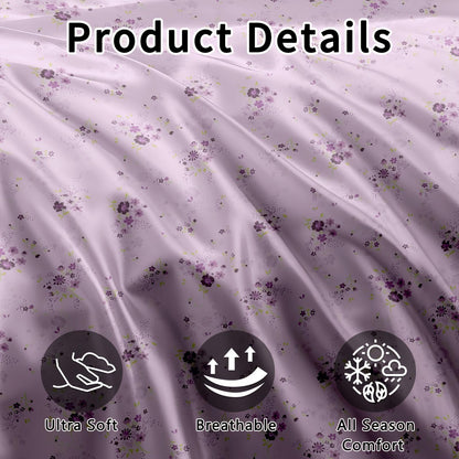 Purple Floral Fitted Sheet 3pcs Set | Cool Satin Mattress Cover, Suitable For Home And Hotel Use, 360° All-Around Coverage, Non-Slip, Easy-Care, Comfortable And Durable, All-Season, Includes 1 Fitted Sheet And 2 Pillowcases