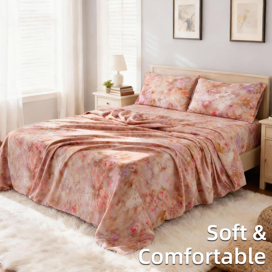 4pcs Monet Rose Print Bed Sheets Set | Beautiful & Elegant, Easy-Care Lightweight Deep-Pocket Fitted Sheet + Flat Sheet + 2 Pillowcases, -Soft Brushed Microfiber, Breathable Fade-Proof, All-Season Bedding for Bedroom, Guest Room & Holiday Gifts