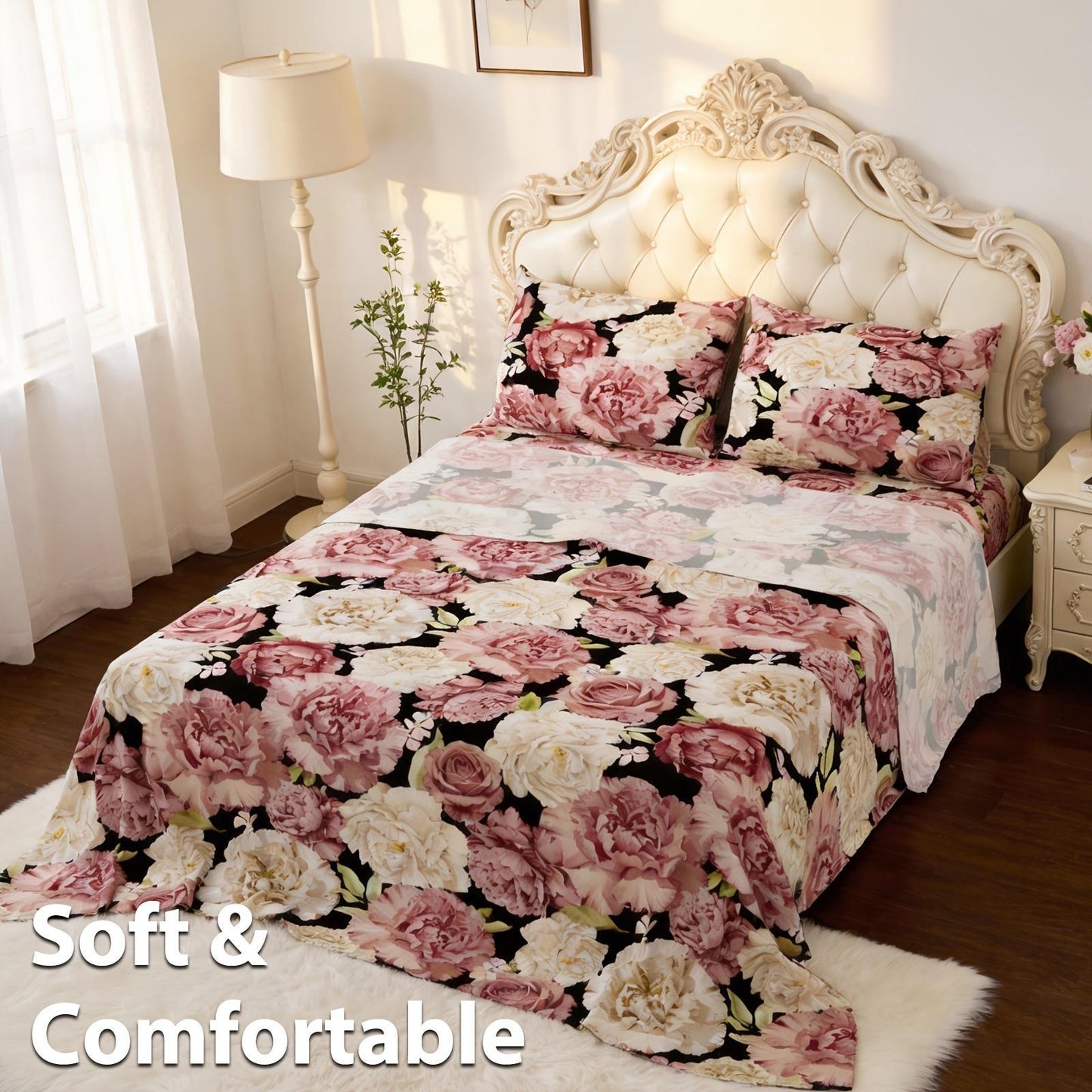 Four-piece Peony-patterned Bed Sheet Set | Soft, Breathable, and Comfortable Microfiber Bedding with Deep-pocket Sheet, Stylish Bedspread, and Two Pillowcases | Ideal for Family Bedroom, Machine Washable
