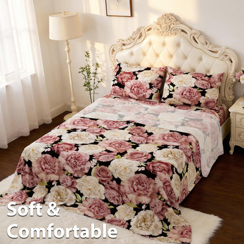 Four-piece Peony-patterned Bed Sheet Set | Soft, Breathable, and Comfortable Microfiber Bedding with Deep-pocket Sheet, Stylish Bedspread, and Two Pillowcases | Ideal for Family Bedroom, Machine Washable